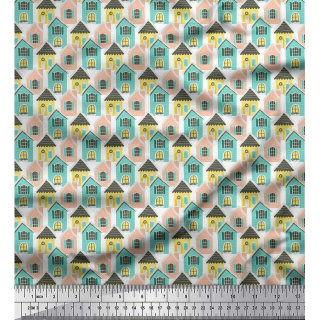 Soimoi White Modal Satin Fabric House Architectural Print Fabric by the Yard 42 Inch Wide