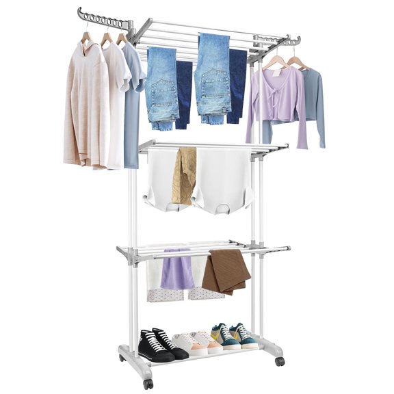Étendoir à Vêtements Pliable, Séchoir à Linge Surdimensionné à 4 Niveaux (68,9 Po de Hauteur), Support de Séchage pour Vêtements avec 2 Ailes Latérales et 4 Roulettes