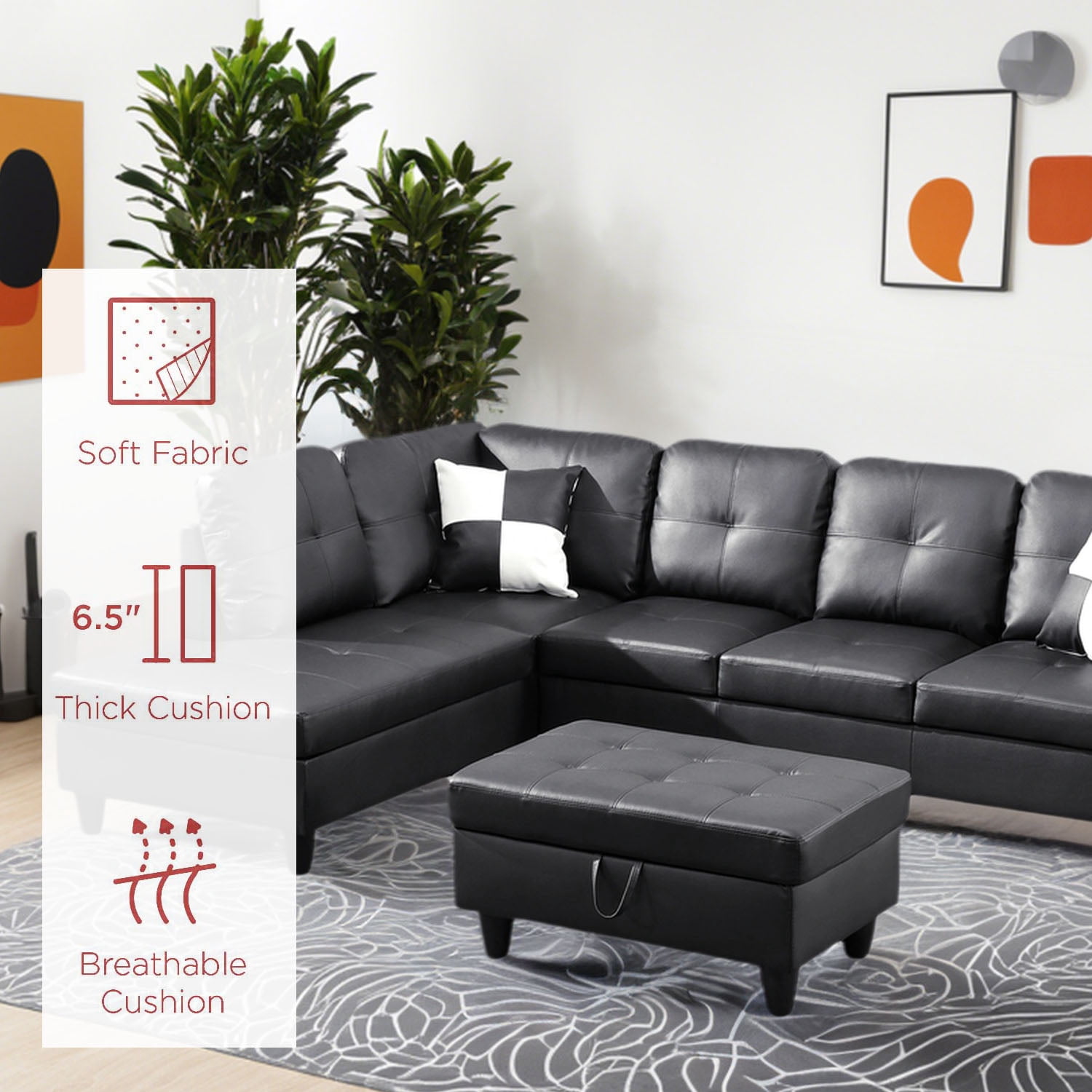 Homeora 3-Piece Piece Couch Living Room,Faux Leather Sofa Set,Faux Leather Sofa Set,L-Shaped Sectional Sofa,Right Facing Chaise Couch Living Room,Black