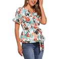 thumbnail image 4 of Blusa de peplum con envoltura para mujer INSPIRE CHIC, 2026, verano, floral, de manga corta, con volantes, cuello en V, con cinturón, M, floral blanco, 4 of 6