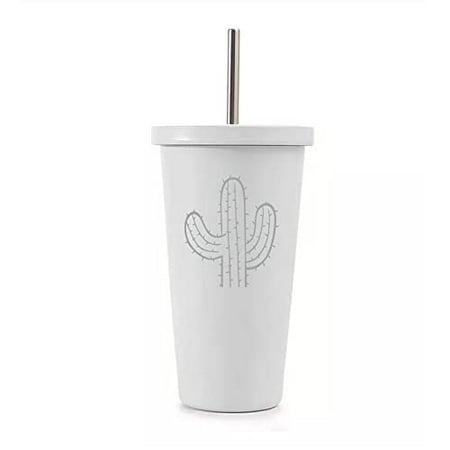 

16 oz Stainless Steel Double Wall Insulated Tumbler Pool Beach Cup Travel Mug With Straw Cactus (White)