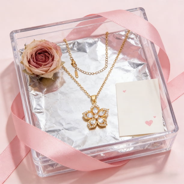 Collar de flores para mujer, colgante de flor de cristal giratorio, ajustable, giratorio, ideal para San Valentín, regalo de metal.