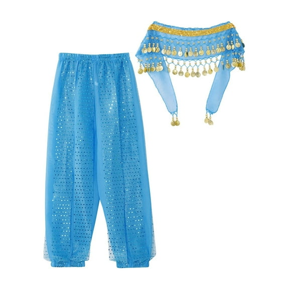 Kids Girls Belly Dance Performance Pants Sequined Dots Chiffon Trousers with Beads Coins Hip Scarf