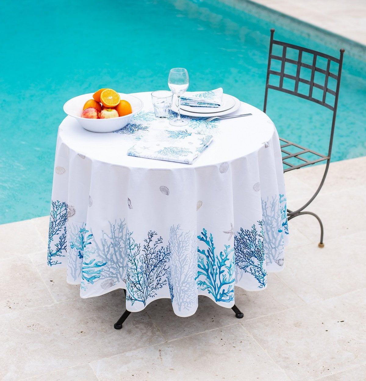 Round French Provencal Tablecloth Lagon Blue & White, 70" Round, Easy