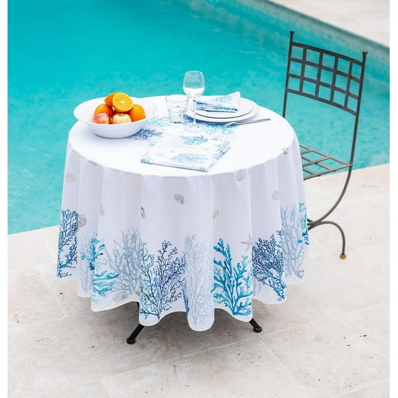 Round French Provencal Tablecloth Lagon Blue & White, 70" Round, Easy Care Stain Resistant, Acrylic Coated 100% Cotton, Provencal French Luxury Linen Beach Sea