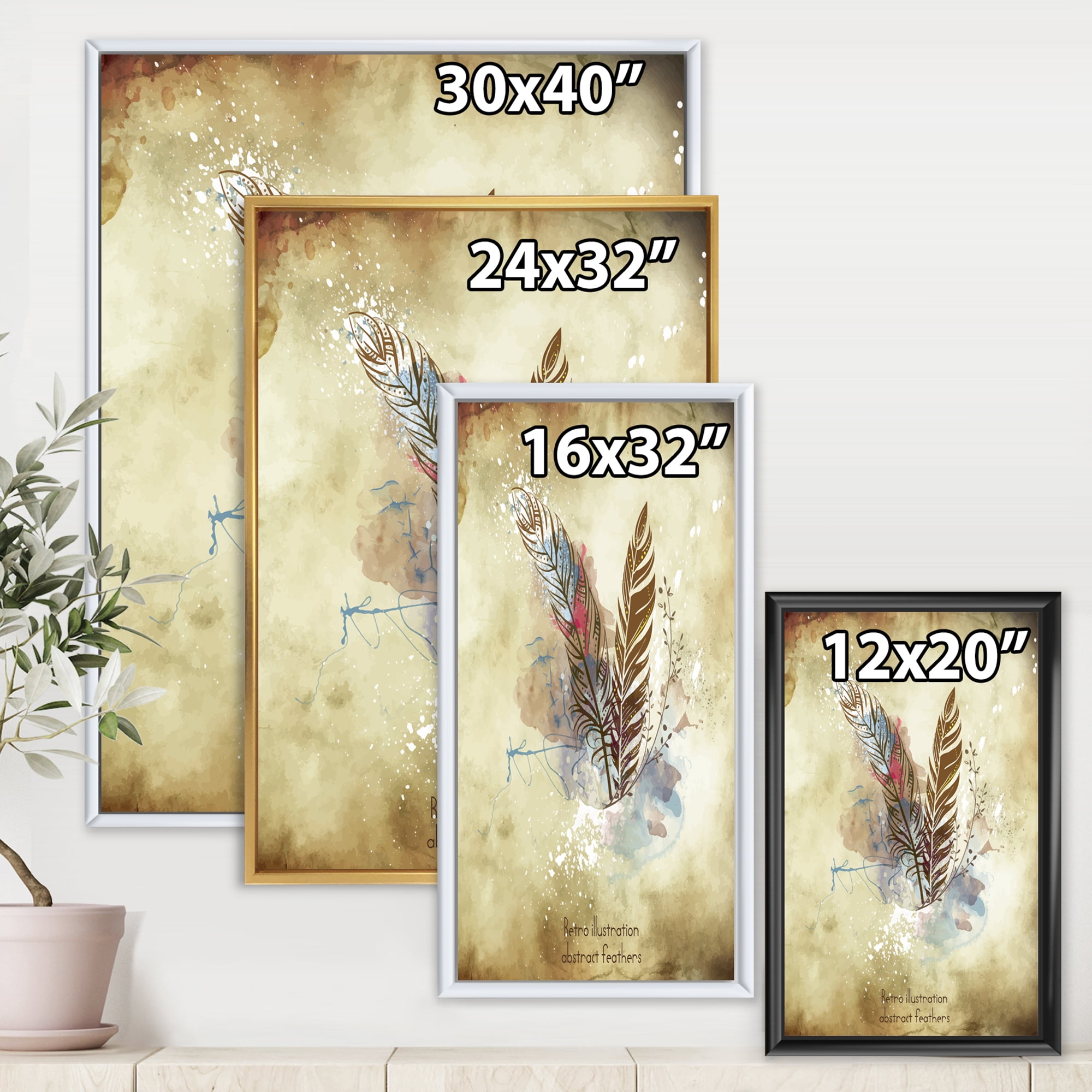 Beige Vintage Flowers 12 in x 20 in Framed Painting Canvas Art Print, by Designart