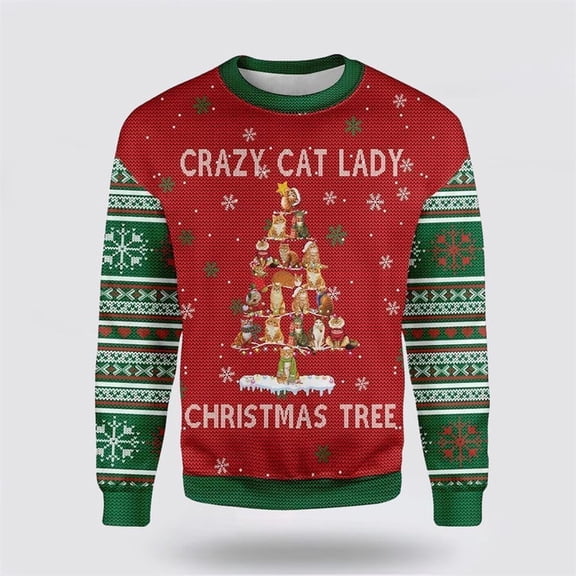 Pet Cat Sweater, Crazy Cat Lady Christmas Tree Ugly Christmas Sweater, Gift For Cat Love, Cat Crewneck Sweater, Winter Fashion
