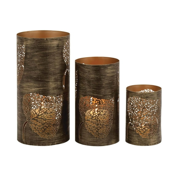 DecMode 3 Holder Copper Metal Leaf Decorative Candle Lantern with Gold Interior, Set of 3