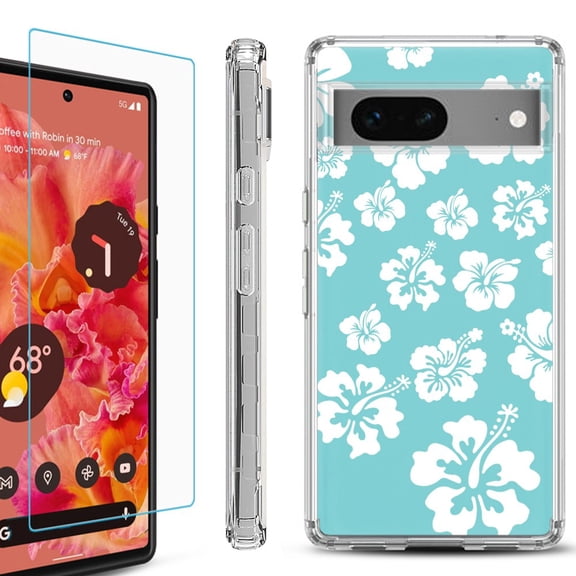 OneToughShield  for Google Pixel 7a Shockproof Bumper Phone Case, with Tempered Glass Screen Protector - Hibiscus Teal