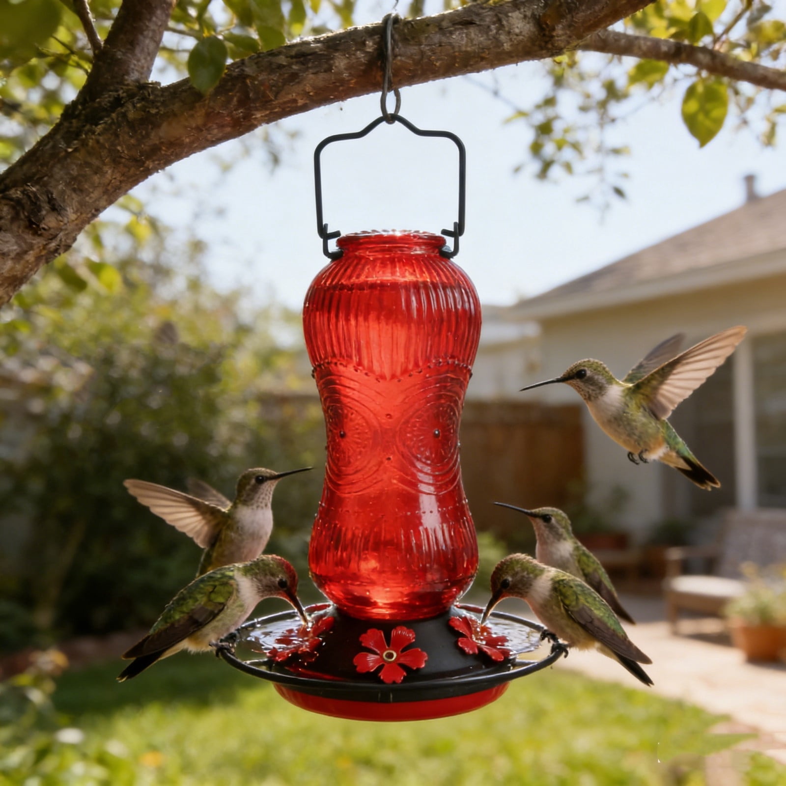 Hummingbird Feeders for Outdoors, Hanging Hummingbird Feeder with 5 Flower-Shaped Feeding Ports, Bird Feeder with Bee Proof Outdoor Garden Decor Gifts for Women