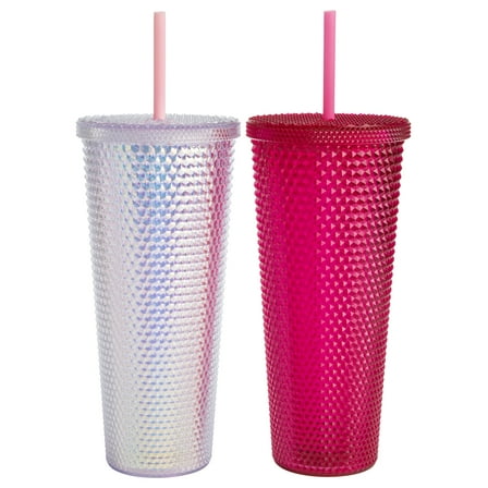 Paris Hilton 2 Pack 26oz Double Wall Diamond Textured Plastic Tumblers with Straw, White Rainbow Iridescent and Hot Pink