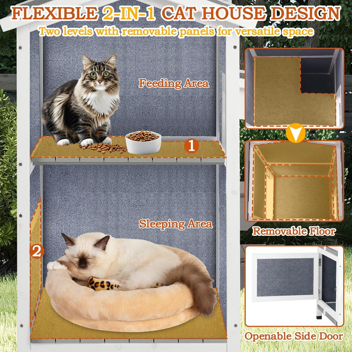 PETSCOSSET Insulated Outdoor Cat House Two Story - Weatherproof Elevated - Gray