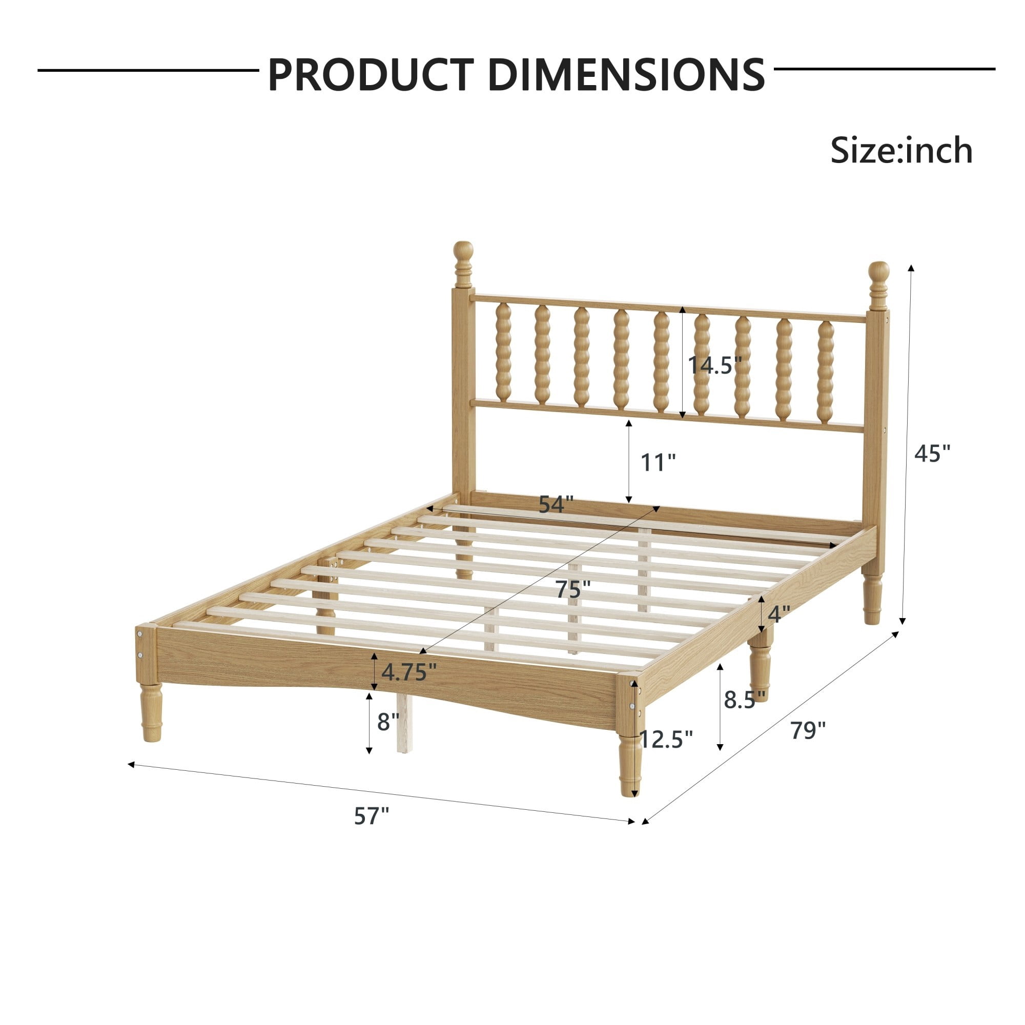 Aukfa Full Size Bed Frame with Gourd Shaped Headboard, Wood Platform Bed, Oak