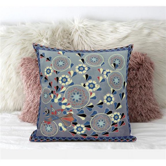 Glory of Flowers Peacock Indoor/Outdoor Pillow in Gray Red Muted Blue 20x20