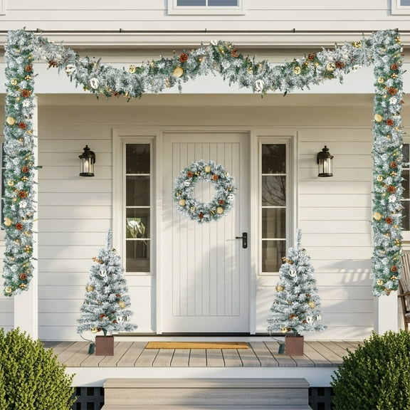 Pre-lit Holiday Christmas 4-Piece Set, Christmas Garland, Wreath and Set of 2 Entrance Trees with Warm White LED Lights and Remote Control, Artificial Christmas Tree Celebrating Set, Snowy Green