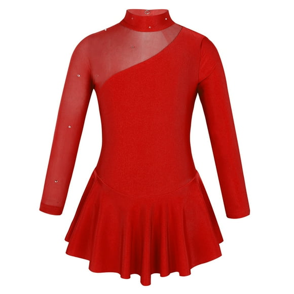 Yeahdor Shiny Tutu Dancewear for Girls Long Sleeve Figure Ice Skating Dress Ballet Lyrical Dance Costume Red 10