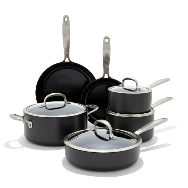 OXO Juego de ollas y sartenes mejorados de 10 piezas, cerámica antiadherente sin PFAS, utensilios de cocina anodizados duros duraderos, resistente a los arañazos, mango de acero inoxidable, buen agarr