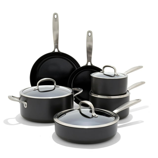OXO Juego de ollas y sartenes mejorados de 10 piezas, cerámica antiadherente sin PFAS, utensilios de cocina anodizados duros duraderos, resistente a los arañazos, mango de acero inoxidable, buen agarr