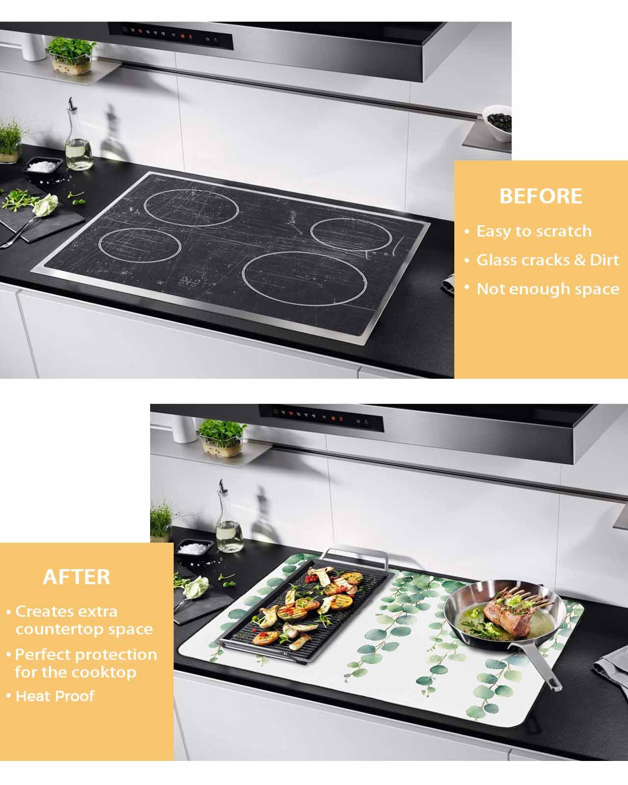 nqOlkjepod Large Induction Cooktop Protector Mat 24"x21", Spring Eucalyptus Leaf Stove Top Covers for Electric Stove, Simple Botanical Branches Vines Stove Burner Cover Mats, Glass Top Stove Cover