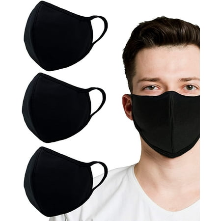3 Pack Unisex 3D Fashion 3 Layer Lightweight Cotton Fabric Face Mask, Reusable, Washable, Water-Resistant - Black