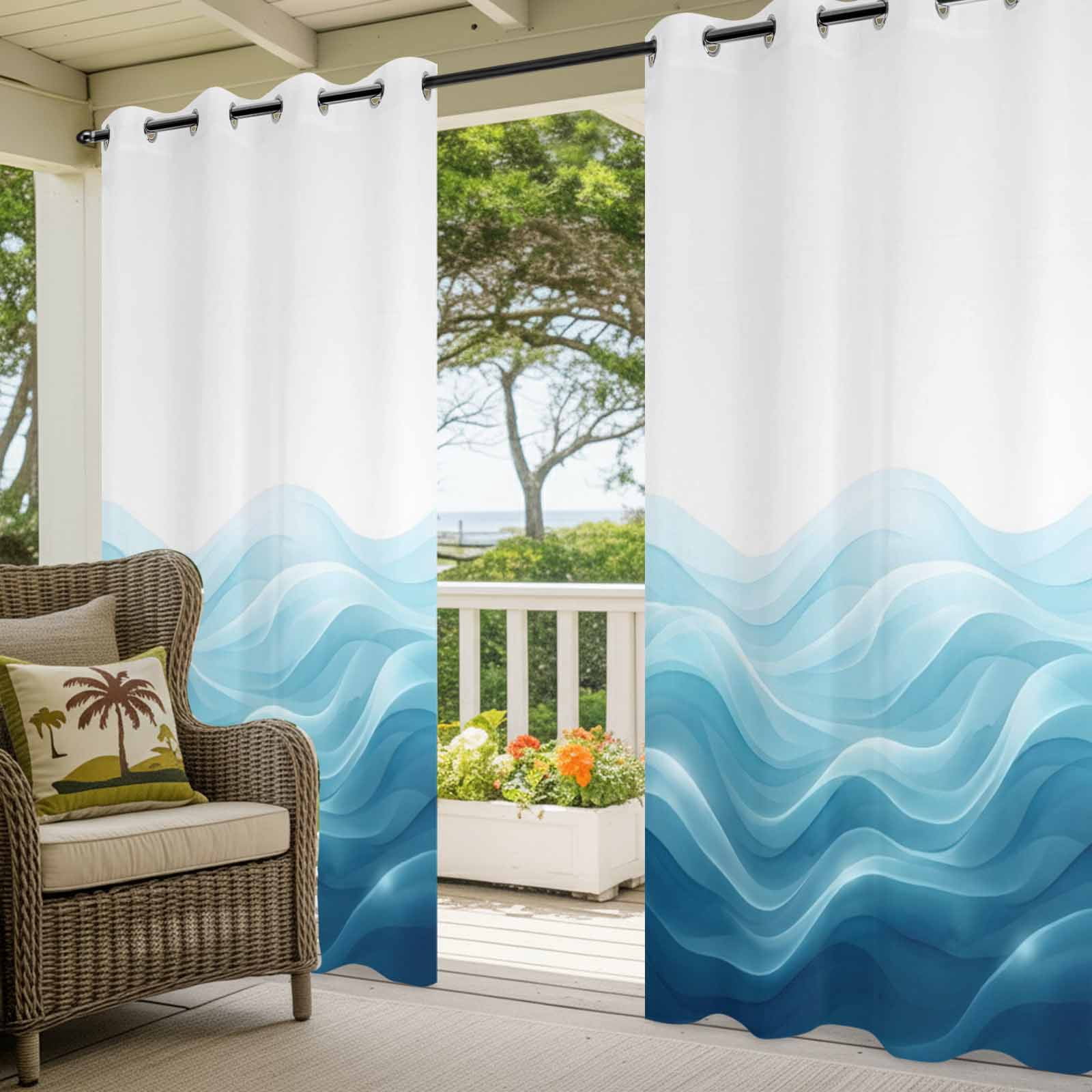 Teal Blue Ombre Outdoor Curtains for Patio, Abstract Modern Gradient Ripple Sunshade Privacy Drapes Grommet Waterproof Outside Curtains for Porch/Cabana/Balcony 54"x 108", 1 Panel
