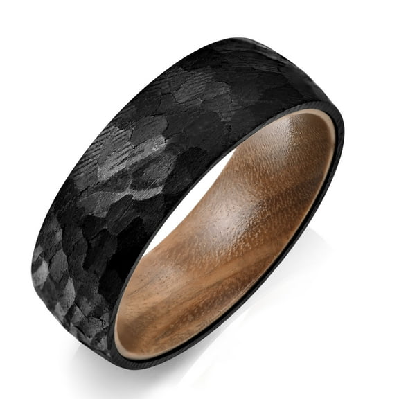 JQUEEN 8mm Damascus Steel Ring for Men Black Hammered Wedding Ring Wood Sleeve Comfort Fit