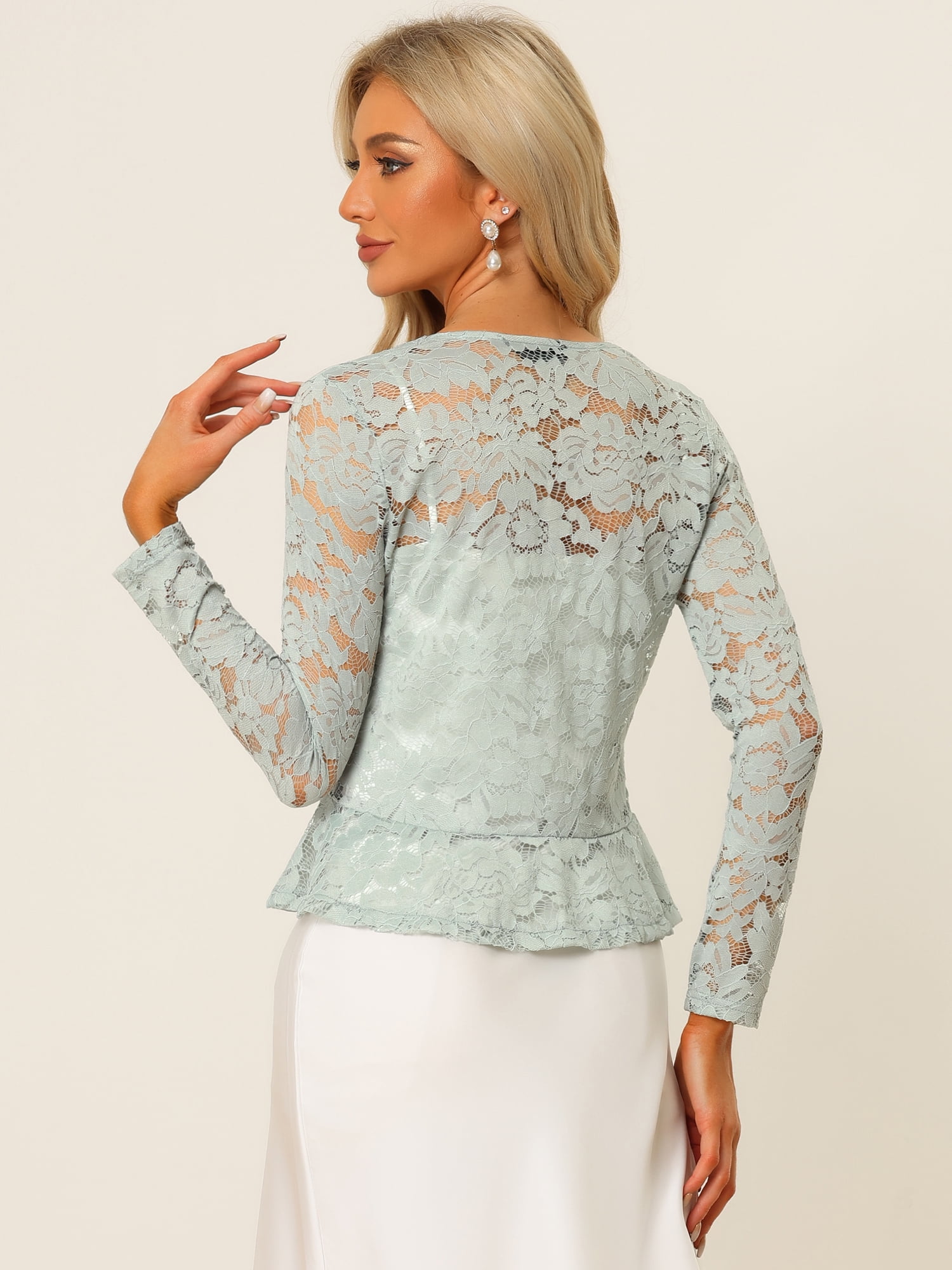 DARING DIVA Women's Ruffled Hem Floral Lace Crop Shrug Cardigan XL Grey