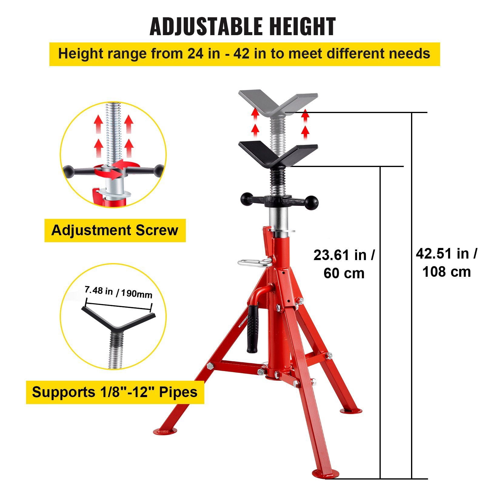 Adjustable Pipe Jack Stand 24"-42", 2500 lb Capacity, Folding & Portable, Carbon Steel - for 1/8"-12" Pipes
