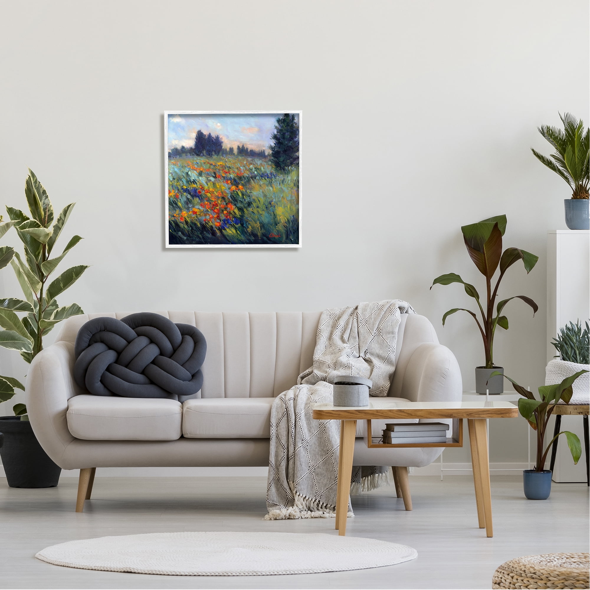 Stupell Industries Flower Meadow Landscape Landscape Painting White Framed Art Print Wall Art, 24 x 24