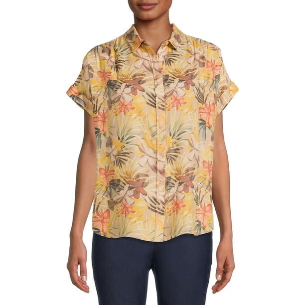 Time and Tru Women's Shirt with Roll Cuff Short Sleeves - Walmart.com