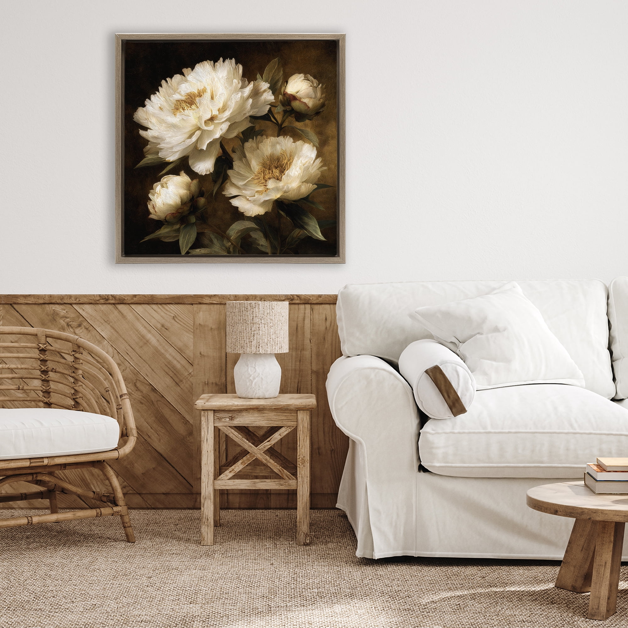 Stupell Industries Dreamy Vintage Peony Elegance Brown Framed Floater Canvas Wall Art, design by Petal Prints Design