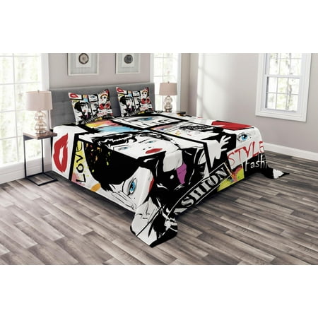 Model Portrait - Teen Girls Bedspread Set, Fashion Girl in Sketch-style Illustration Glamour Modern Model Portrait Art Print, Decorative Quilted Coverlet Set with Pillow Shams Included, Red Black, by Ambesonne