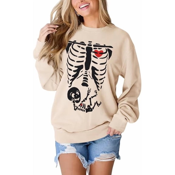 Women Halloween Sweatshirt X-Ray Skeleton Maternity Sweatshirt Funny Pregnancy Announcement Crewneck Pullover Tops