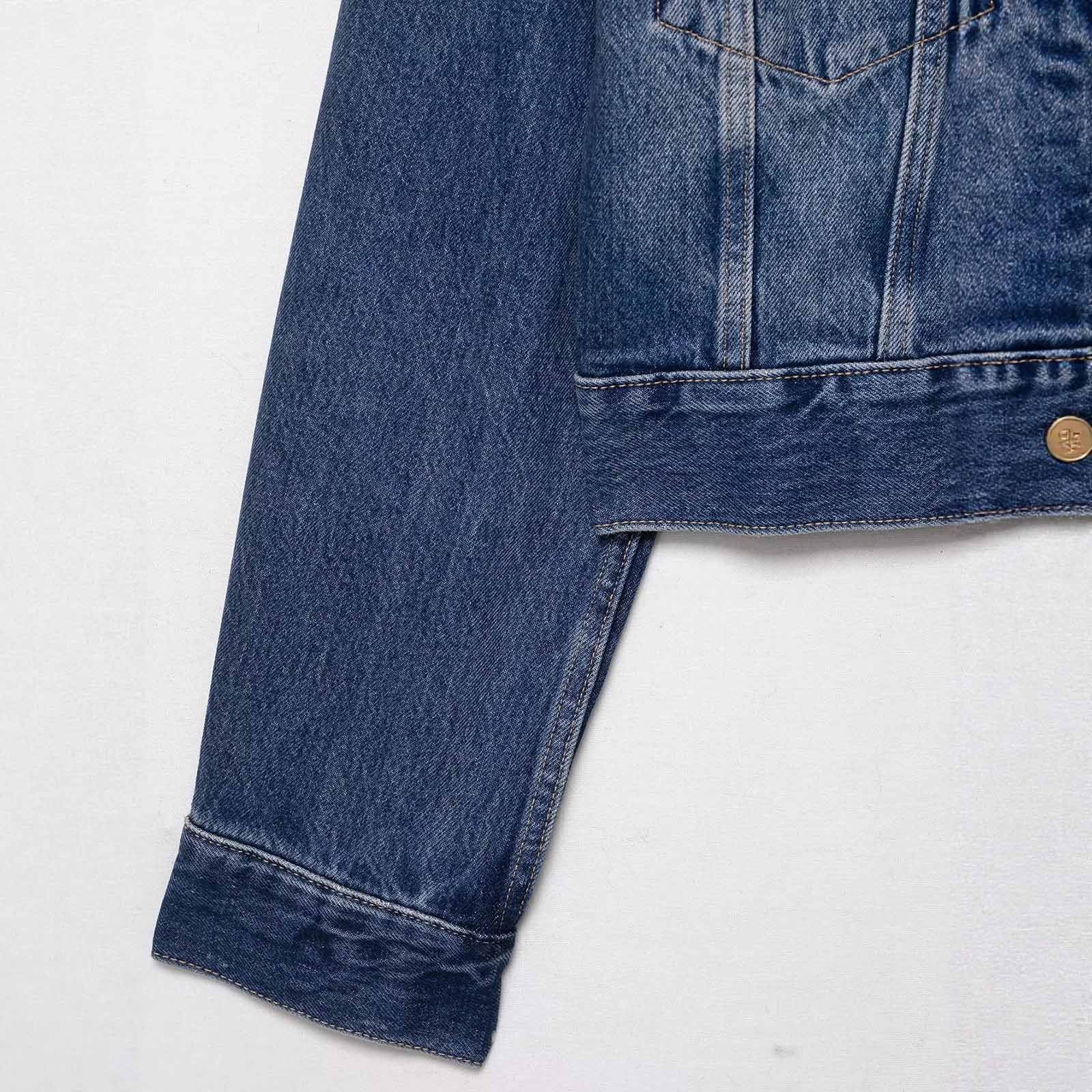 Oksale Cropped Jean Jacket for Women Faux Fur Collar Button Denim Jacket with Pockets Loose Long Sleeve Outerwear Streetwear Fashion Clothing Blue L
