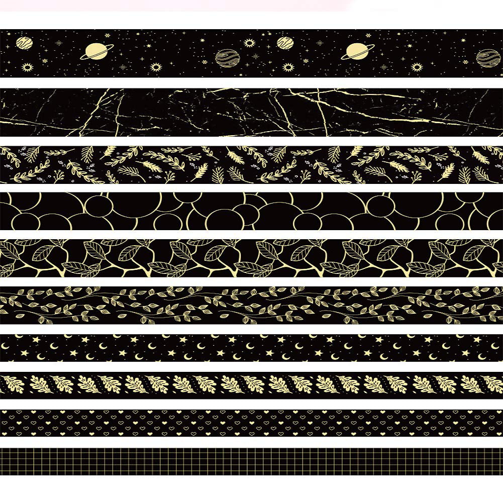 Scrapbooking ASTU Black Washi Tape Set Black Gold Space DIY Crafts Black Gold Foiled Floral 15 mm Wide Vintage Floral Washi Masking Tape Assortment Black and Gold Foiled for Bullet Journal Gift Wrapping