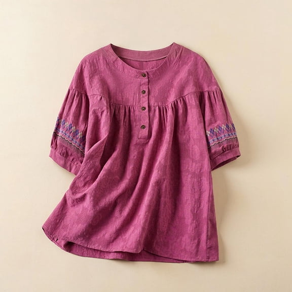 HongQid 3/4 Sleeve Cotton Linen Shirts for Women Summer Retro Embroidered Boho Tops Dressy Casual Trendy Vacation Blouse