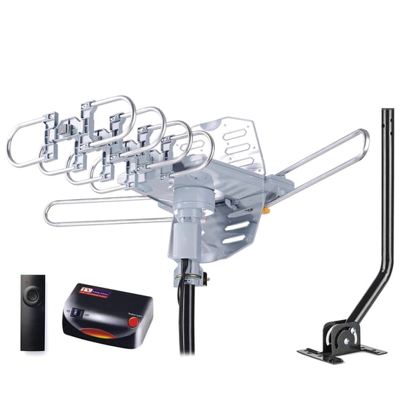 PBD WA-2608 Amplified Outdoor TV Antenna – Long Range with UHF/VHF, 360° Motorized Rotation, Remote Control, Mounting Pole, and 40FT RG6 Ca