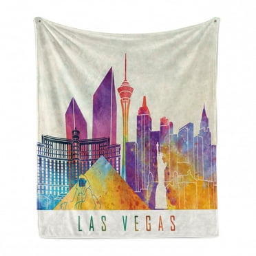 Las Vegas Soft Flannel Fleece Throw Blanket, Colorful Landmarks in Las Vegas Pyramid and of Liberty in Watercolors, Cozy Plush for Indoor and Outdoor Use, 70" x 90", Multicolor, by Ambesonne