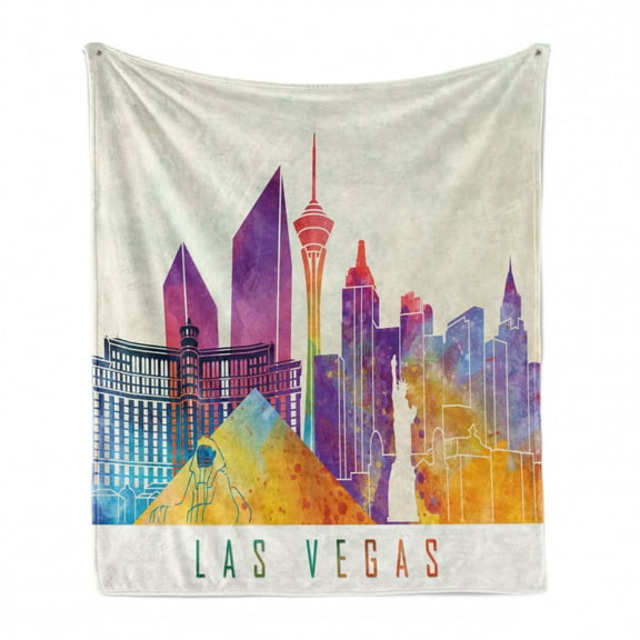 Las Vegas Soft Flannel Fleece Throw Blanket, Colorful Landmarks in Las Vegas Pyramid and of Liberty in Watercolors, Cozy Plush for Indoor and Outdoor Use, 70" x 90", Multicolor, by Ambesonne