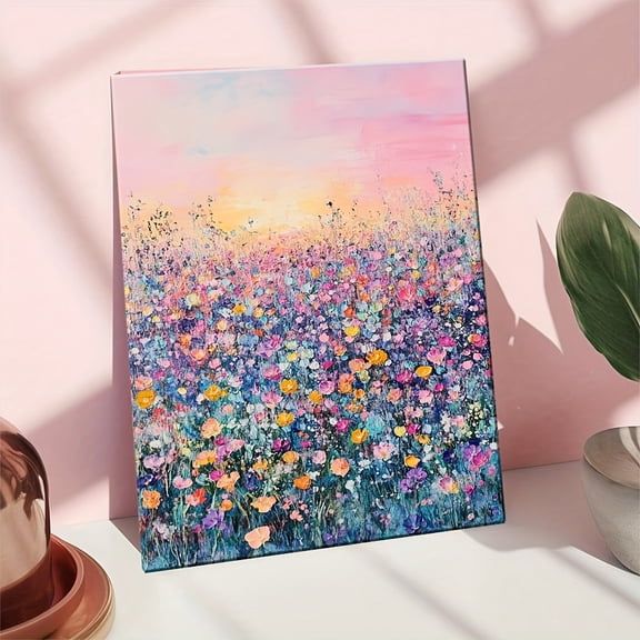 Vibrant Wildflower Sunset Canvas Art with Wooden Frame – Modern Decorative Wall Decor, Waterproof & Easy to Hang for Living Room, Bedroom, or Home Office – Colorful Floral Landscape in Pink, Purple