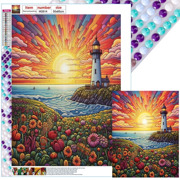 Kit de pintura de diamante 5D DIY Wdftyju faro de mar y amanecer 50x65cm