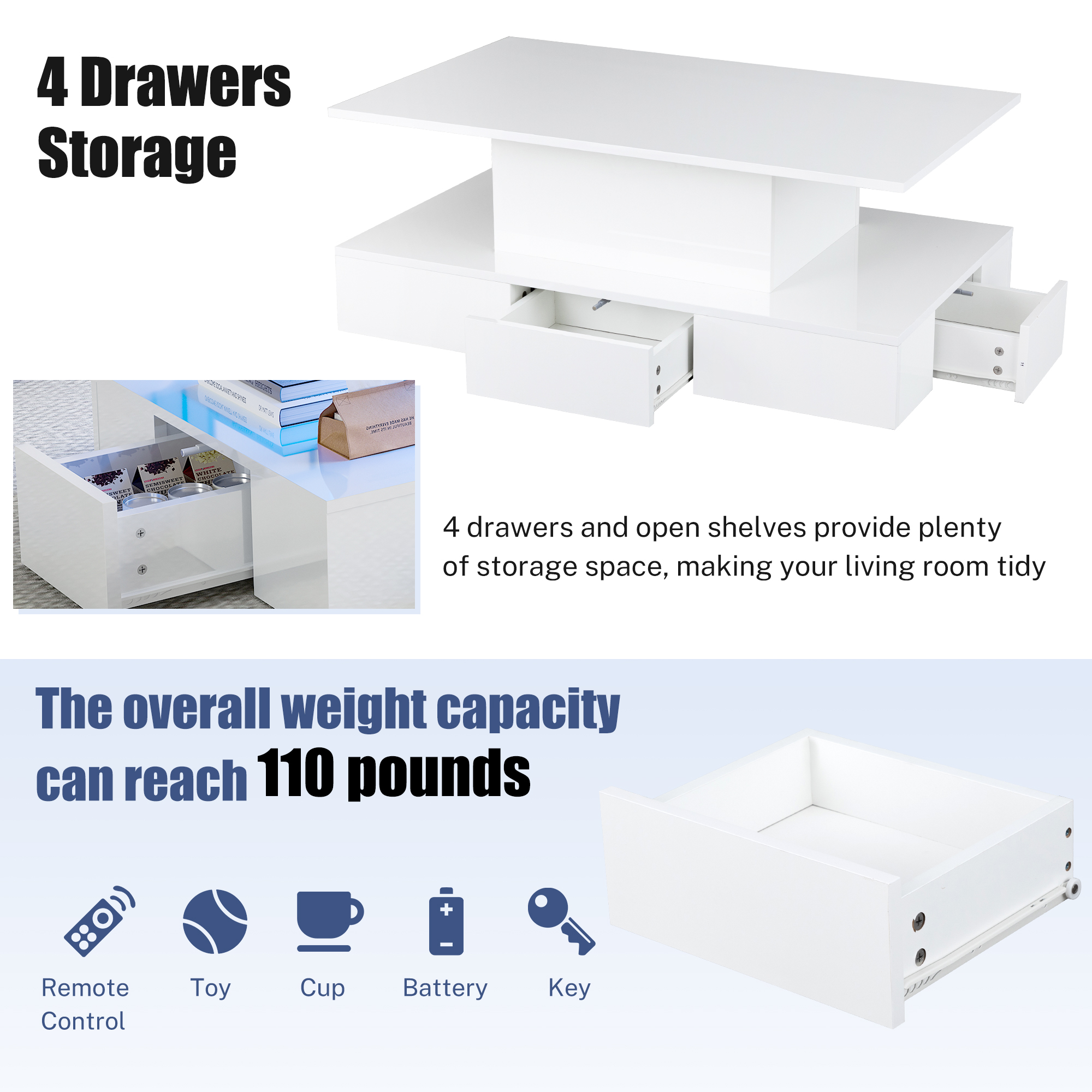 White LED Coffee Table for Living Room, PAPROOS Modern High Glossy Center Table with 4 Drawers, Smart Cocktail Table Rectangle, Sofa Side Tea Tables with LED Lights, 41"L×25"W×16"H