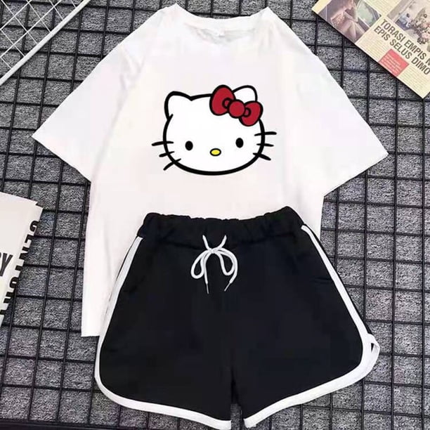 Traje deportivo Simple de dibujos animados de Hello Kitty para niña, camiseta de manga corta informal suelta, pantalones cortos de tres puntos a la moda para estudiante de verano