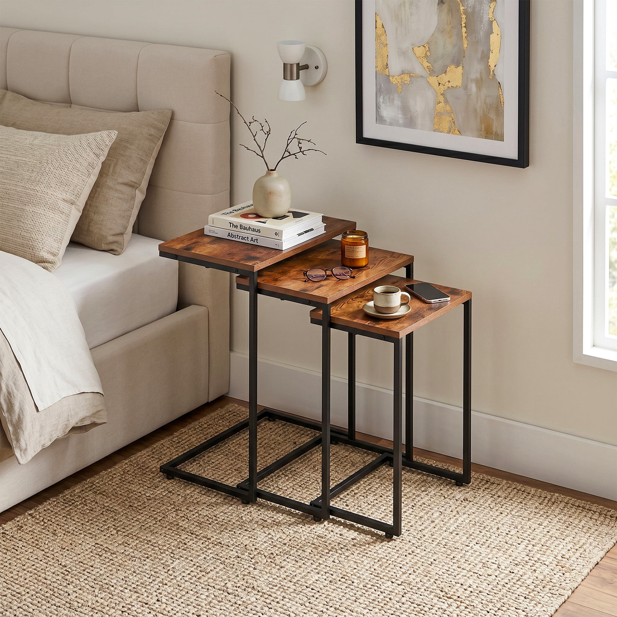 HomGarden Set of 3 Industrial Nesting Sofa Side Table Indoor MDF C-shaped Stacking End Table Rustic Brown