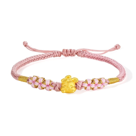 ZHOU LIU FU 24K Gold Bracelet for Women Rabbit Charm Floral Bracelets Adjustable Bunny Pink Braided Rope Stackable Good Luck Jewelry A1710399