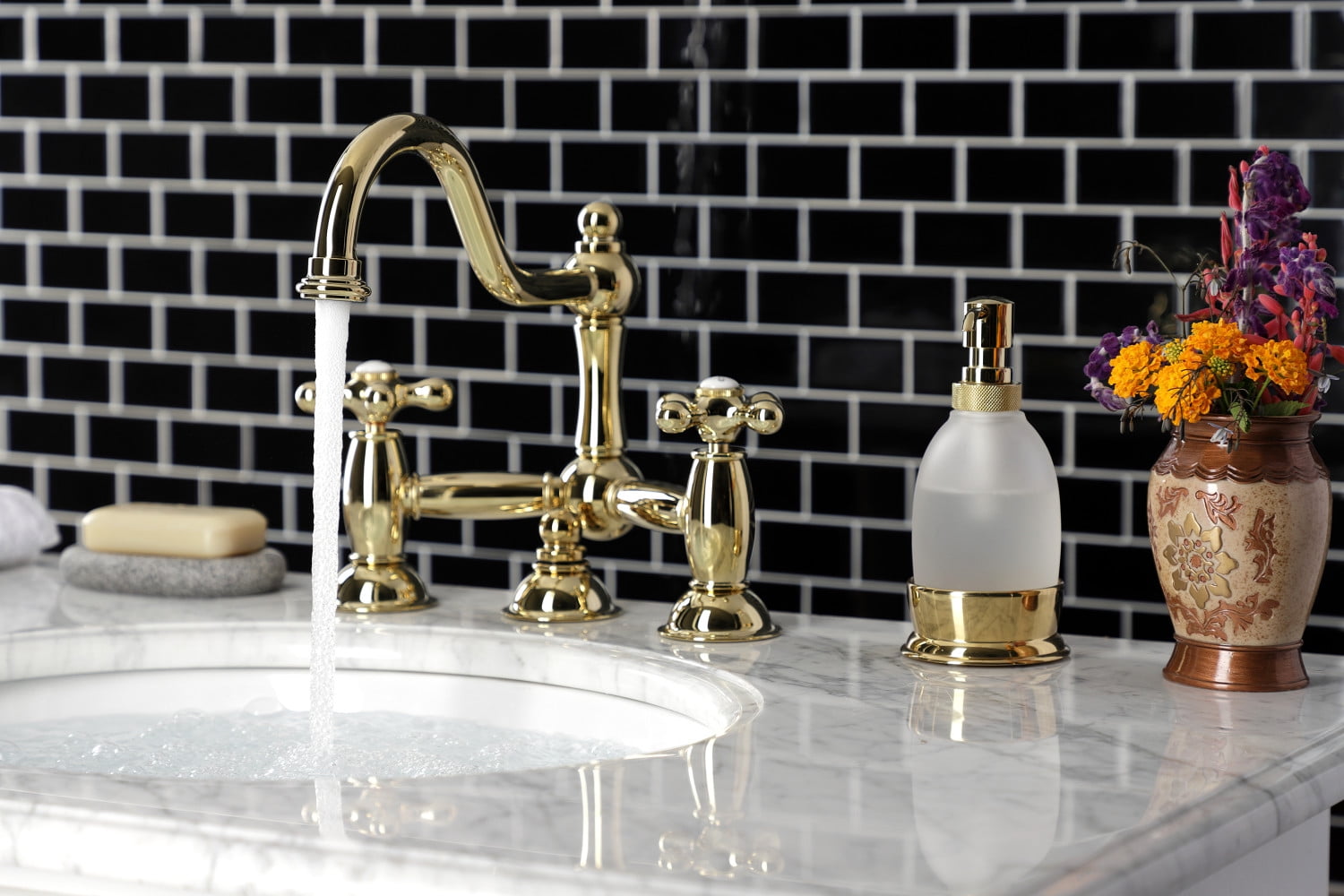 Kingston Brass KS3912AX Restoration Bathroom Bridge Mounted Faucet, Polished Brass