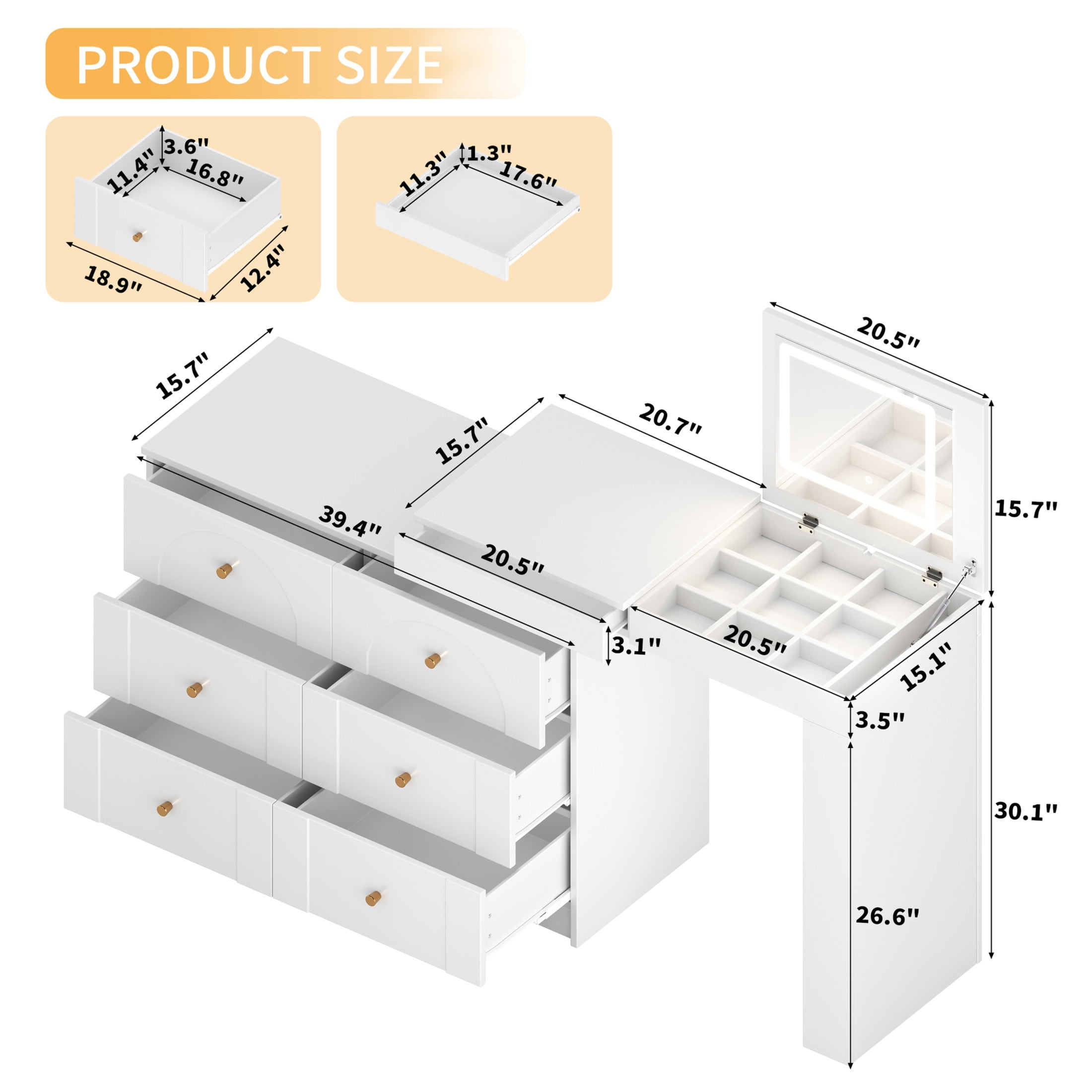 Noble House Vanity Desk with Mirror and Lights, Flip-Top Makeup Table with 7 Drawers, 9 Compartments,White