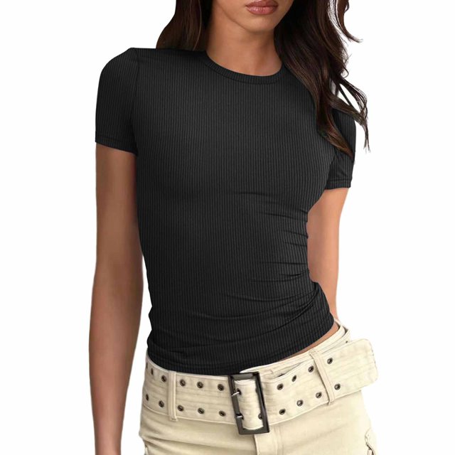 Women's Fitted Short Sleeve Basic Tee Slim Fit Shirts - Polyester Fabric, Lightweight, Suitable for Winter, Trendy Design, Multiple Sizes