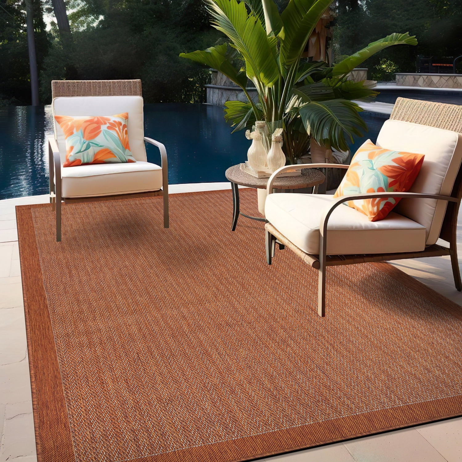 World Rug Gallery Contemporary Bordered Weather Resistant Reversible Indoor/Outdoor Area Rug - RUST 5'x7'