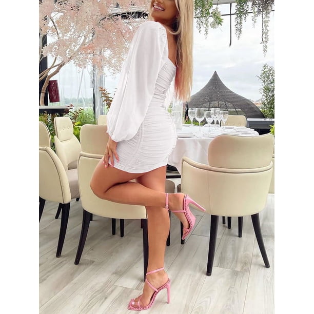white mesh club dress Fleurisia | White Square-Neck Maxi Dress With Mesh Long-Sleeves